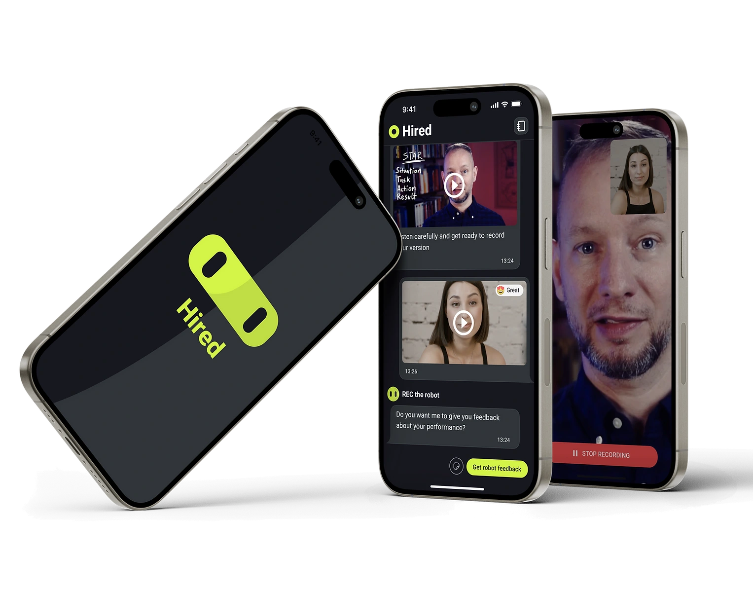 Hired interview practice app on three phones