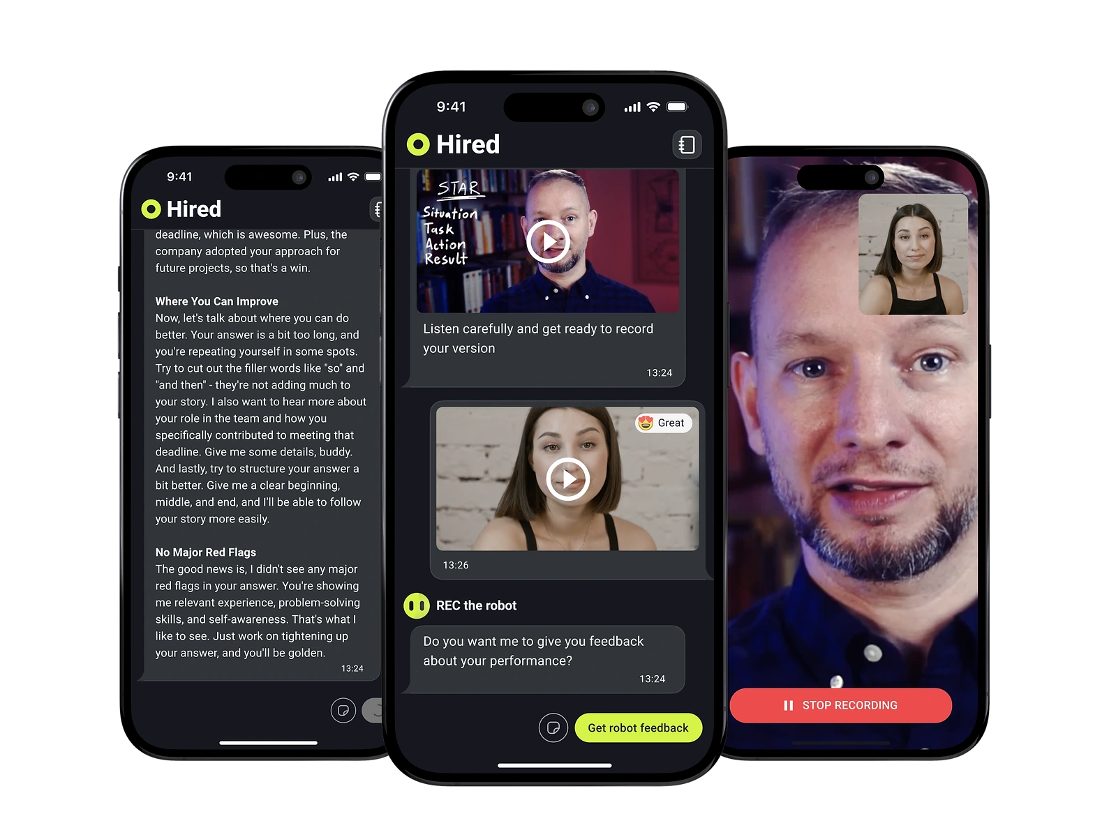 Lessons, video interviews and feedback in the Hired app